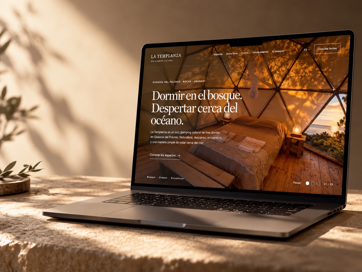 La Templanza eco glamping website shown on a laptop: hero with a geodesic dome interior and an ocean view