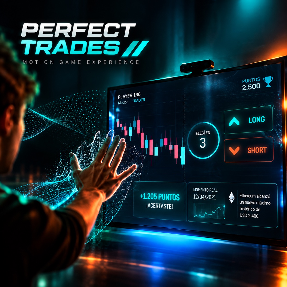 Perfect Trades motion-controlled trading game: a player&rsquo;s hand interacting with a Long/Short trading screen